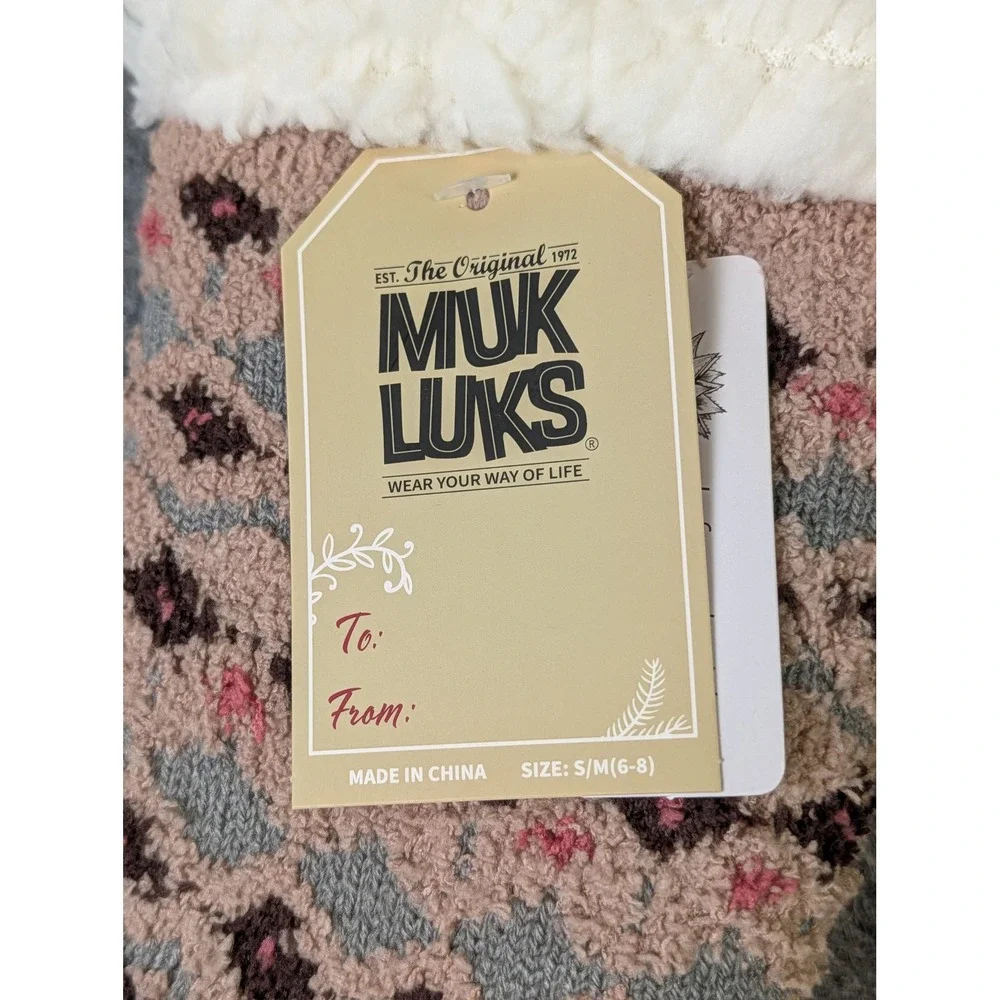Muk Luks Aloe Infused Slipper Socks Faux Fur Lined Non Skid Tan Pink S/M 6-8